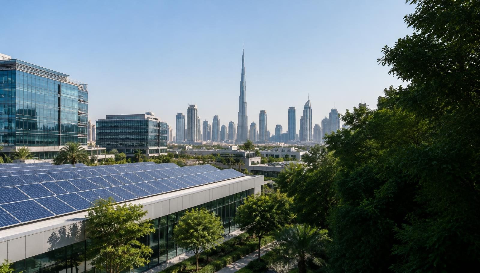 Generated Dubai-inspired scene with modern buildings and solar panels